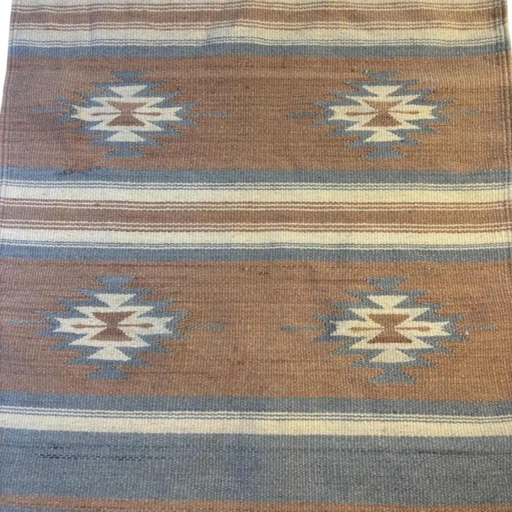 Southwestern Handwoven Wool Rug Tapestry Geometric Diamond Terracotta Blue 24x41